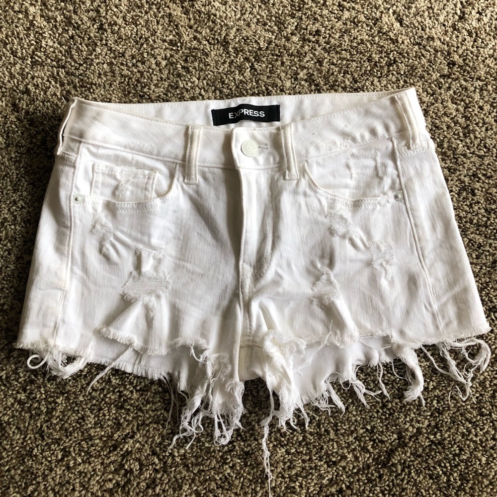 Distressed White Denim Shorts